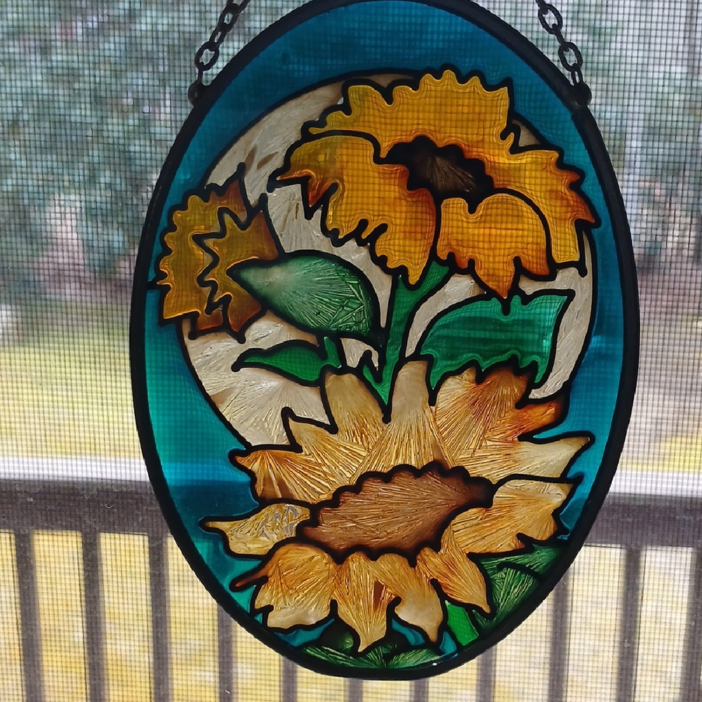 Sun Catcher Sunflower Stained Glass Art with Blue and Yellow Accents